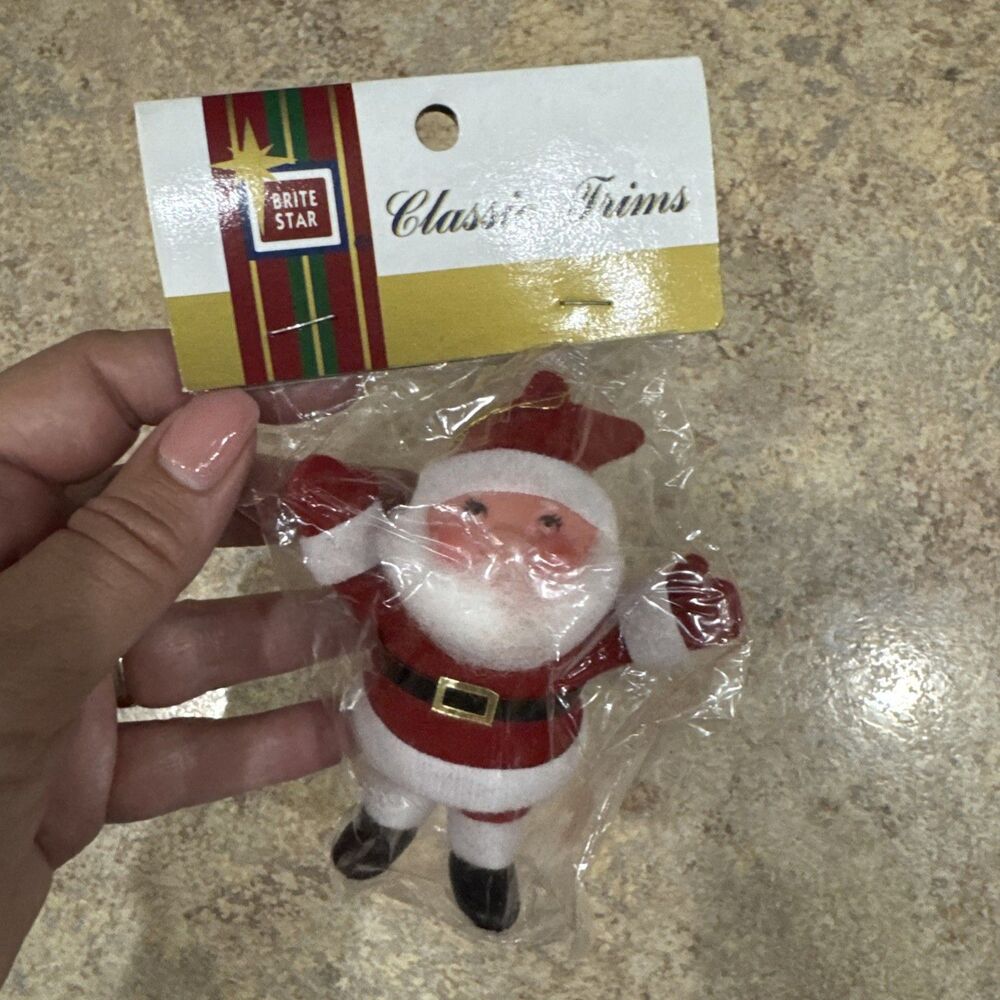 Vintage  Flocked Santa NOS Classic Trims Ornament Brite Star